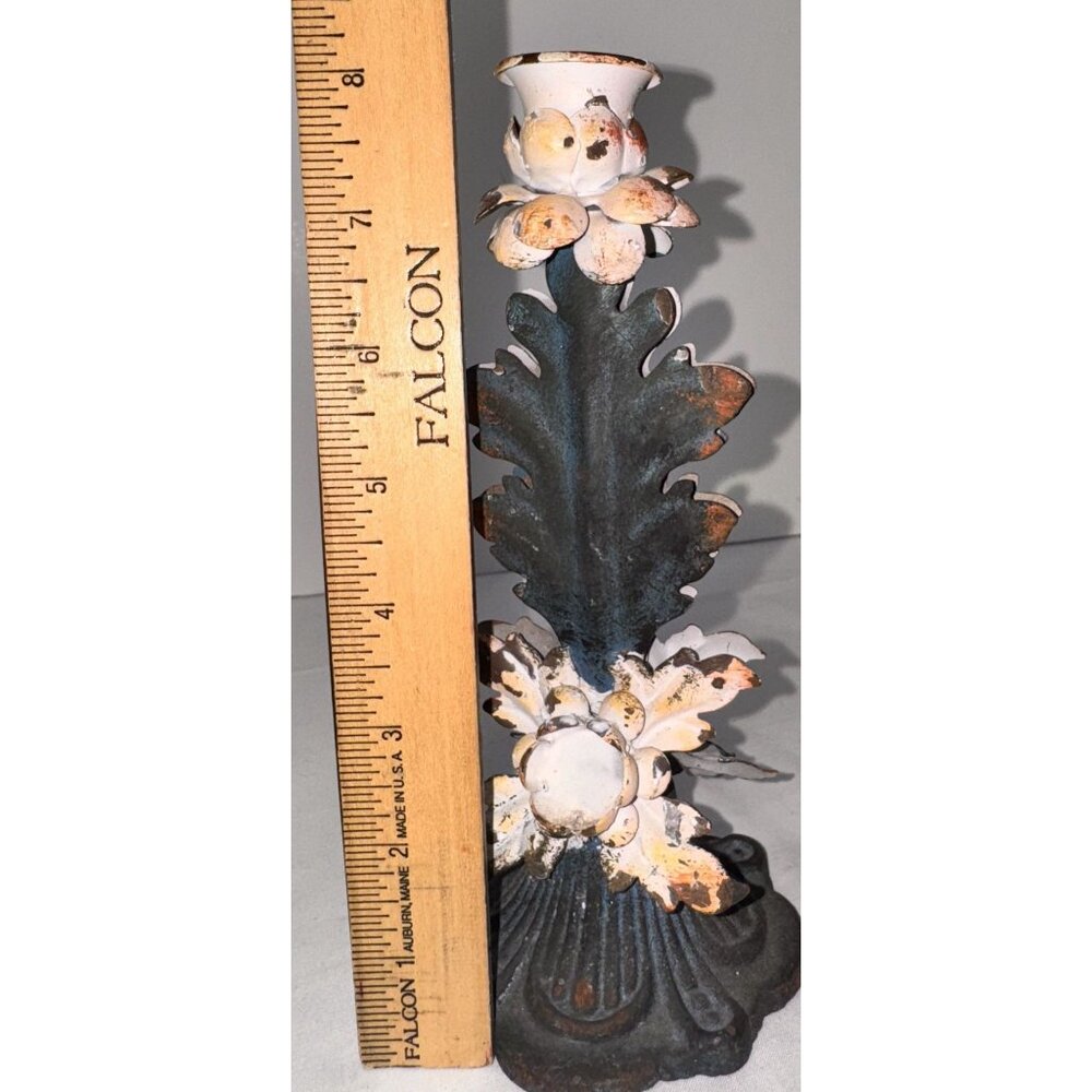 Vintage Metal Floral Candle Holder 12" Shabby Chic Distressed Finish - Picture 7 of 7
